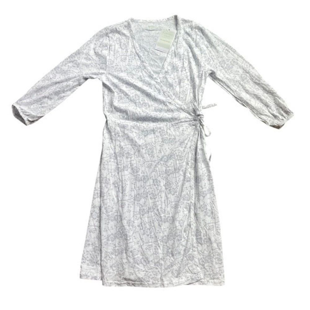 NWT Garnet Hill gray Floral Organic Cotton Mini Wrap Dress Women's Size small.
